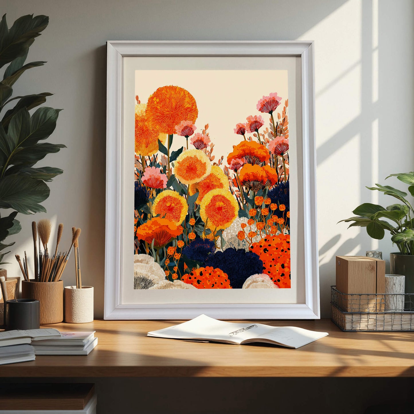 A white-framed floral art print sitting on a wooden desk. The desk is cluttered with artist tools like brushes in wooden cups and sketchbooks, situated in a bright room with a large plant to the left.