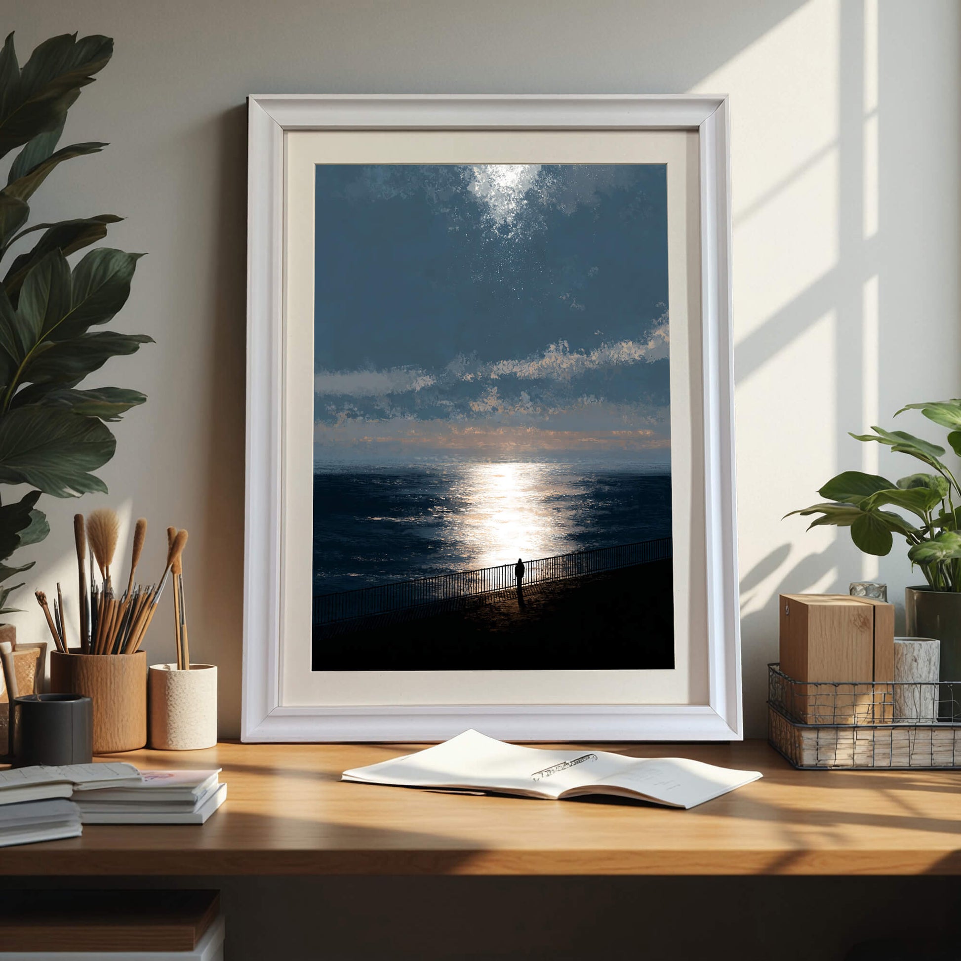 Moody ocean sunset art print in a white wood frame sitting on a wood desk next to art supplies and houseplants, showcasing a bright home office or studio setting.