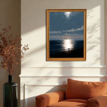 Moody ocean sunset art print in a gold or dark natural wood frame hanging above an orange armchair and white wainscoting, illustrating a warm living room decor.