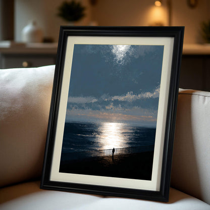 Moody ocean sunset art print in a black wood frame with a mat, propped up on a cream-colored couch, offering a close-up view of the framed print in a relaxed home setting.