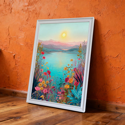 A white-framed landscape art print leaning against a textured, bright orange wall on a polished hardwood floor.