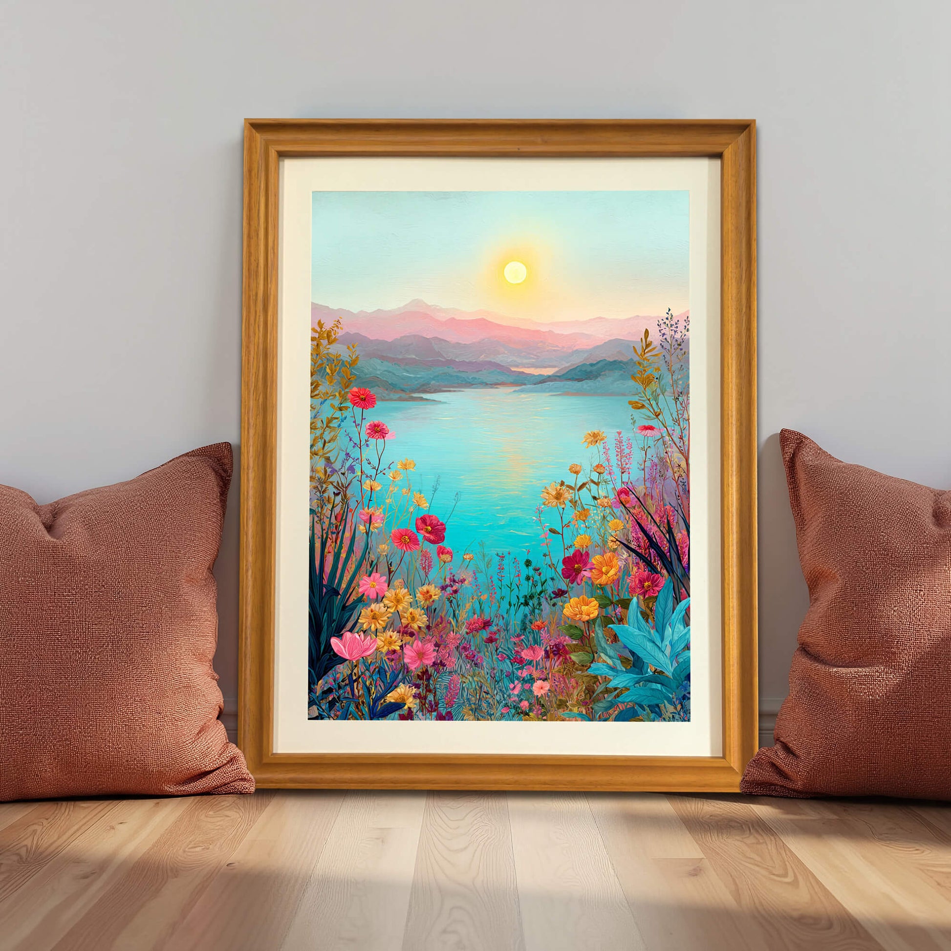 A framed art print of a vibrant floral landscape by a lake, leaning against a light gray wall between two reddish-brown pillows on a light wood floor.
