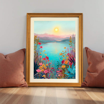 A framed art print of a vibrant floral landscape by a lake, leaning against a light gray wall between two reddish-brown pillows on a light wood floor.