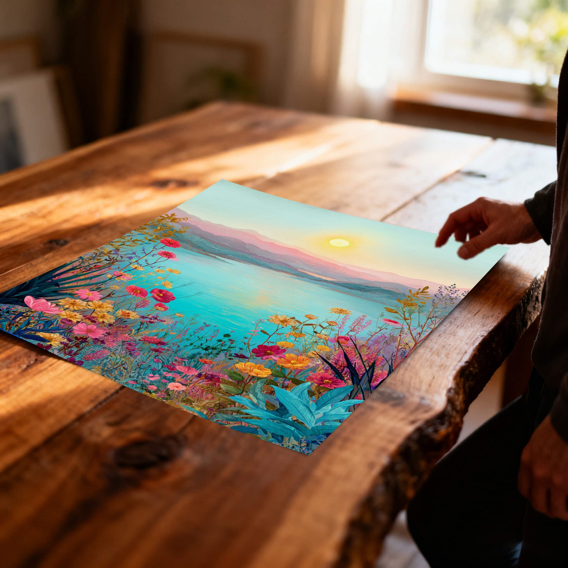 A close-up, angled shot of a high-quality art print of a floral lake scene lying flat on a rustic wooden table under warm, natural sunlight.