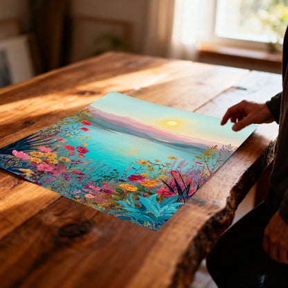 A close-up, angled shot of a high-quality art print of a floral lake scene lying flat on a rustic wooden table under warm, natural sunlight.