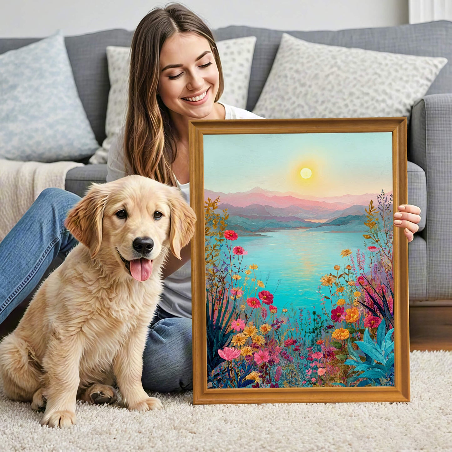 A smiling woman sitting on a rug next to a golden retriever puppy, holding up a large wood-framed art print of a colorful floral landscape.
