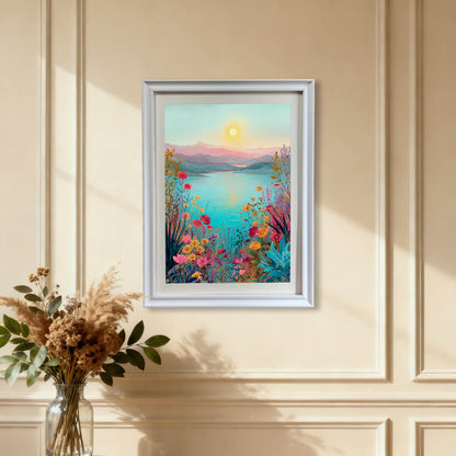 A white-framed art print of a colorful floral lake scene hanging on a cream-colored wall with elegant molding, positioned above a glass vase of dried pampas grass.
