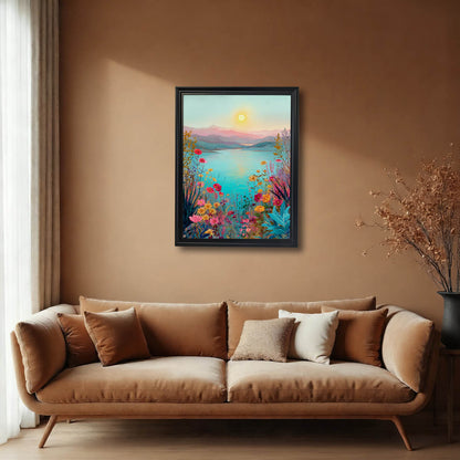 A large, black-framed landscape art print hanging on a warm, beige-colored wall centered above a modern tan velvet sofa with several accent pillows.