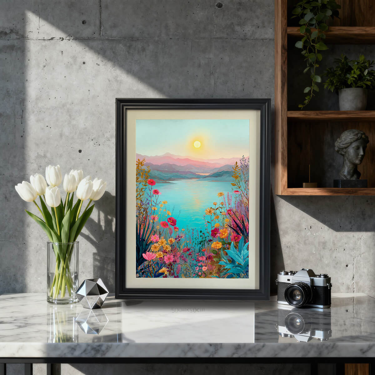 A black-framed art print of a floral landscape displayed on a marble countertop in a modern room with a concrete wall, next to white tulips and a vintage camera.