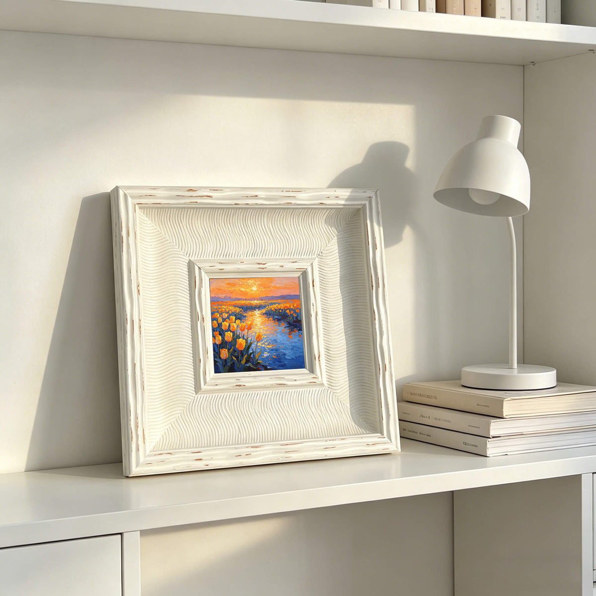 A square, white framed painting with a landscape scene of yellow flowers and a river at sunset. The frame has a textured, wavy design. A white desk lamp and stacked books are also visible.