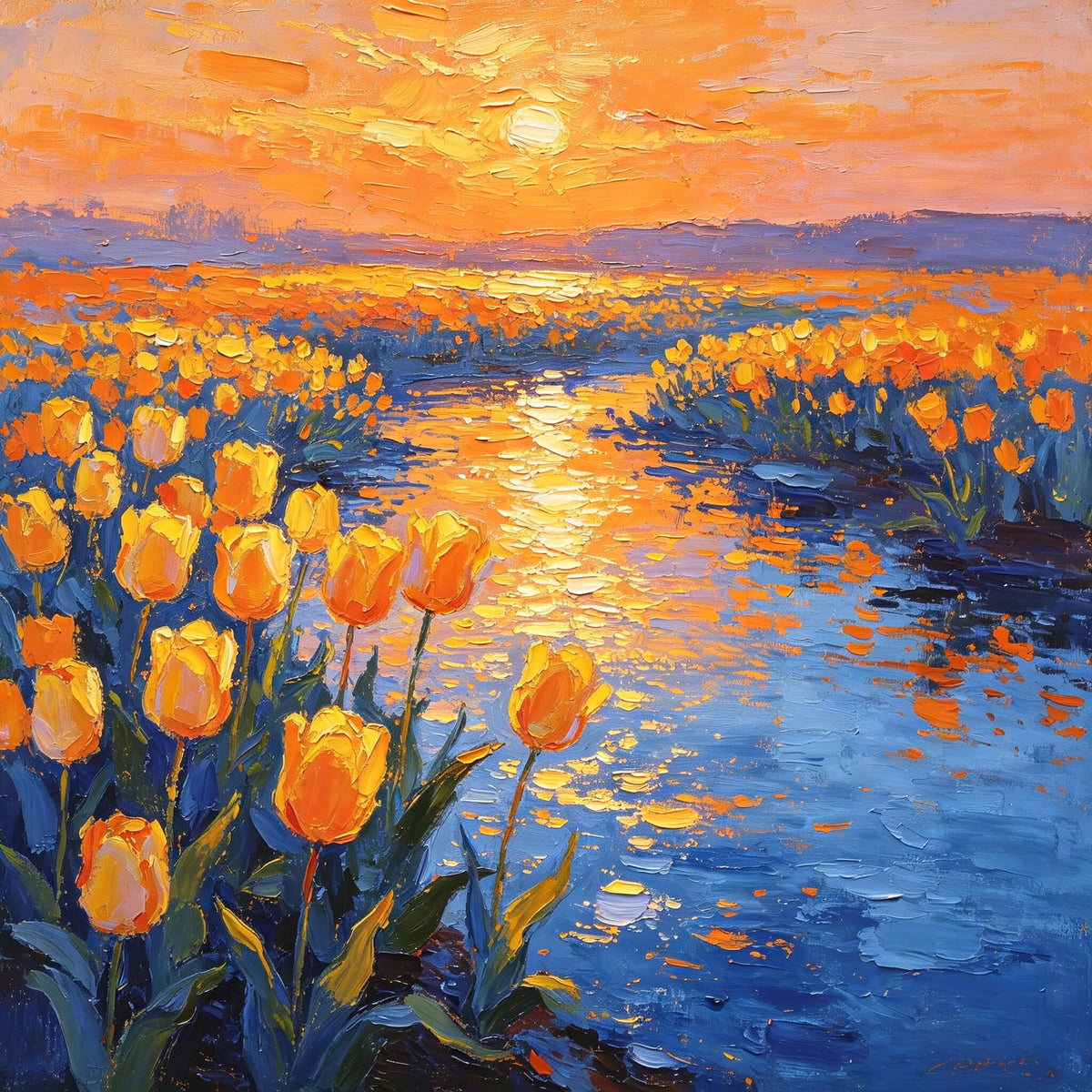 An impressionistic painting of a field of yellow tulips under a sunset sky. The sky is a blend of orange and yellow, with the sun shining brightly. The water reflects the colors of the sky and flowers.