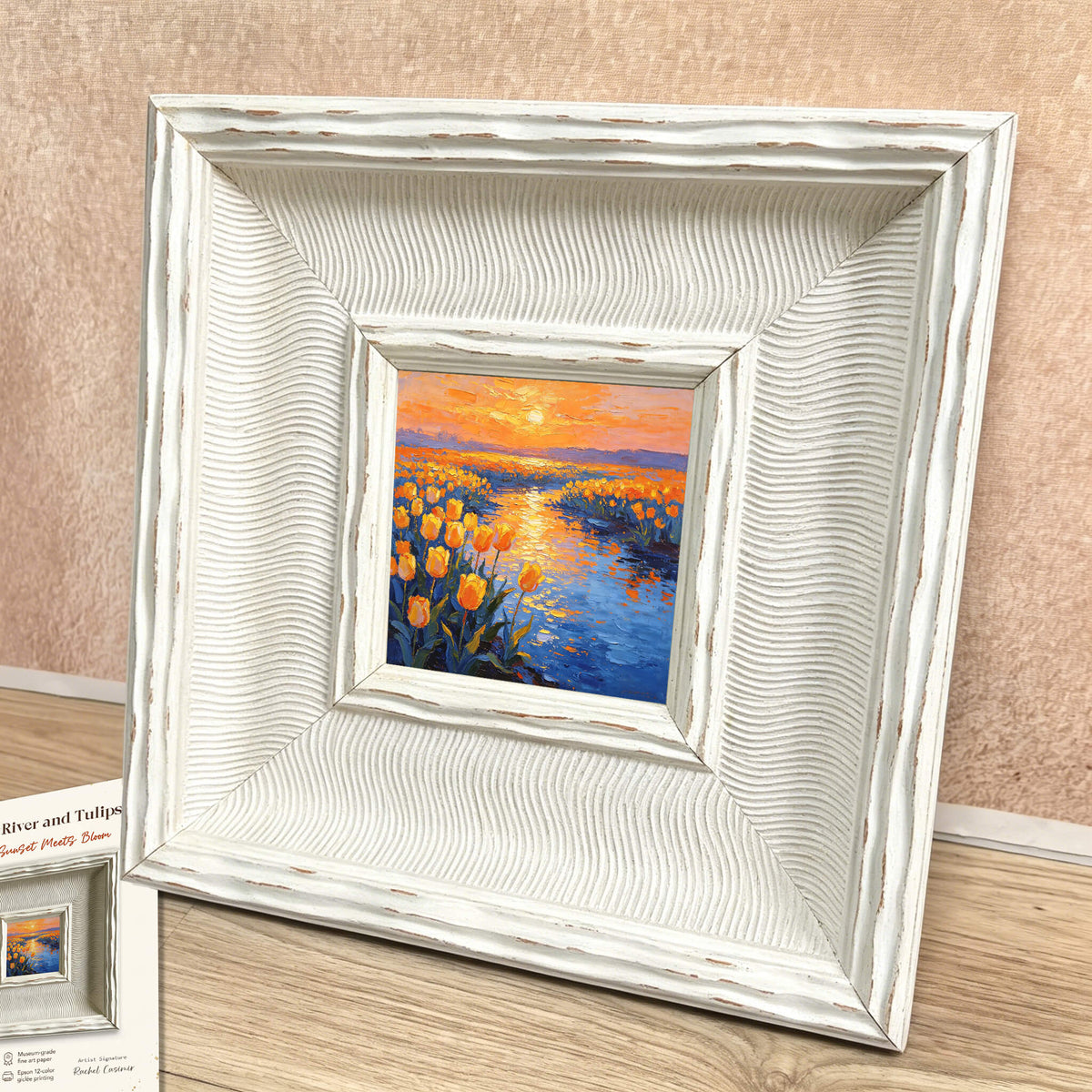 A framed painting of a sunset over a river of yellow tulips. The painting is in a white, textured frame. The artwork is titled "River and Tulips Sunset Pretty Bloom".