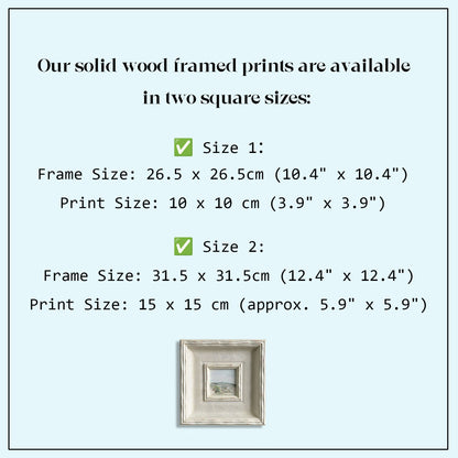 A square, off-white framed print with a small landscape image. The text states the prints are available in two sizes: Frame Size 10.4" x 10.4", Print Size 3.9" x 3.9", and Frame Size 12.4" x 12.4", Print Size 5.9" x 5.9".