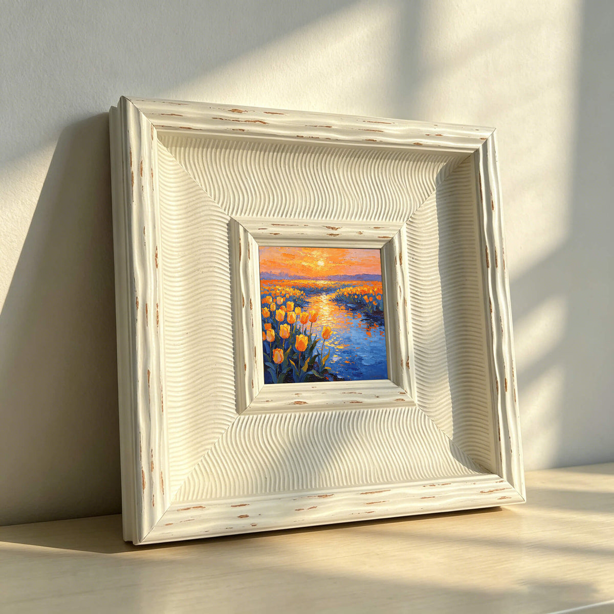 A framed oil painting of a landscape with yellow flowers and a river under an orange sunset. The painting is set in a distressed white square frame with a wavy pattern.