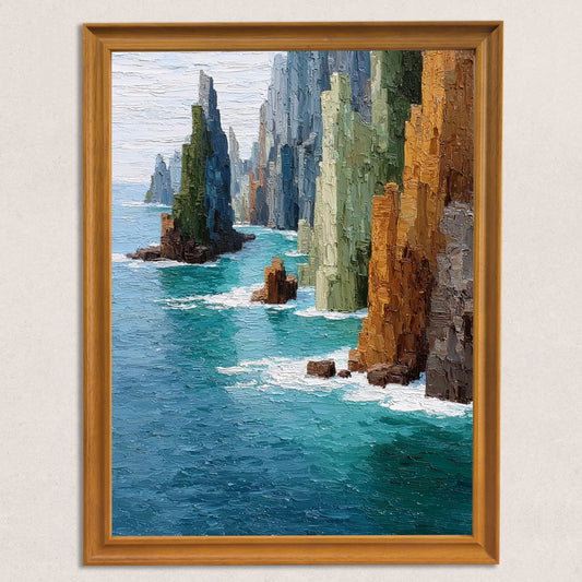 A close-up, full-view oil painting of dramatic sea stacks and cliff walls in deep blues, greens, and ochre, framed in a simple, warm-toned wooden frame.