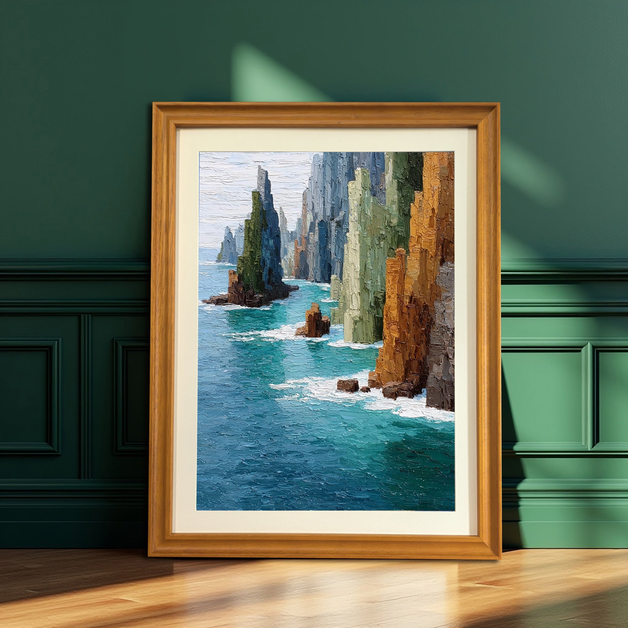 The framed art print in a warm wooden frame with a mat, leaning on a wooden floor against a paneled wall painted in a rich, dark emerald green. Sunlight casts diagonal shadows across the scene.