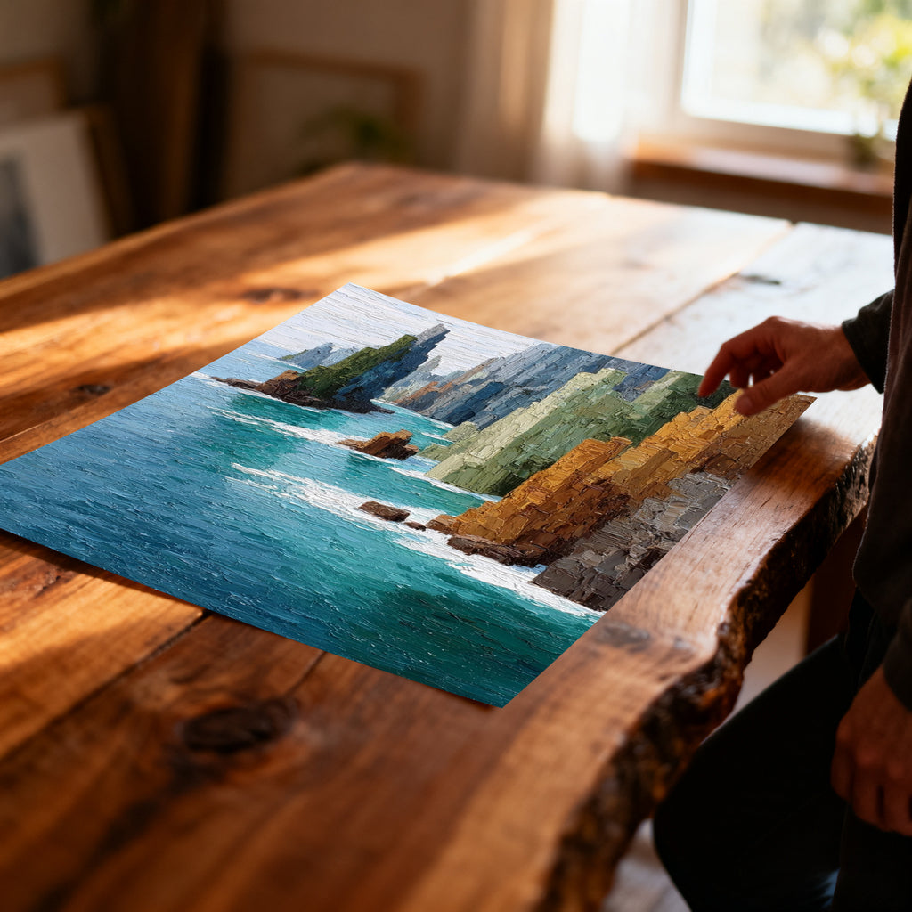 A close-up of the unframed art print, featuring the textured cliffs and ocean scene, lying flat on a rustic, live-edge wooden table, with a person's hand touching the corner.
