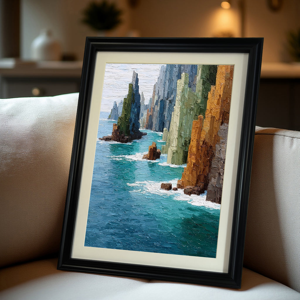 A close-up of the framed art print in a black wood frame with a mat, leaning against a neutral-colored couch cushion in a dimly lit, cozy living room setting.