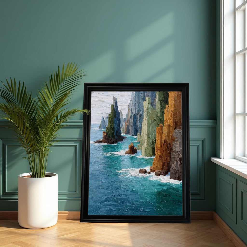 The art print, framed in a thick black wood frame, standing on a wooden floor next to a large potted palm plant, against a dark teal/green paneled wall.
