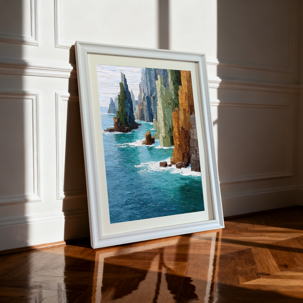 The framed art print in a white wooden frame with a mat, leaning against a white wainscoting wall on a shiny, reflective wooden floor. Bright natural light creates sharp shadows.
