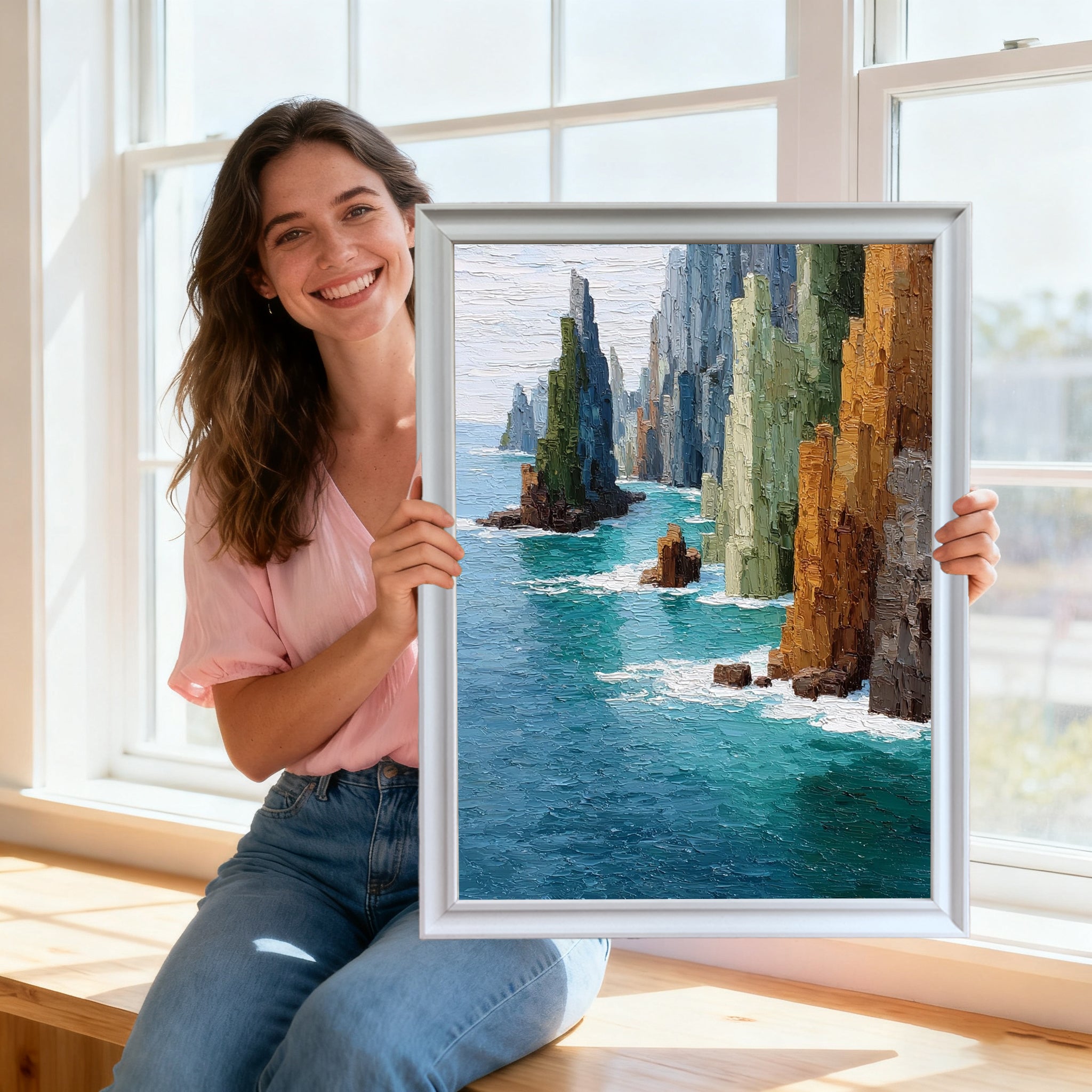 A smiling woman sits on a window sill, holding the art print framed in a sleek, silver or light grey frame, showcasing the artwork next to a bright window.