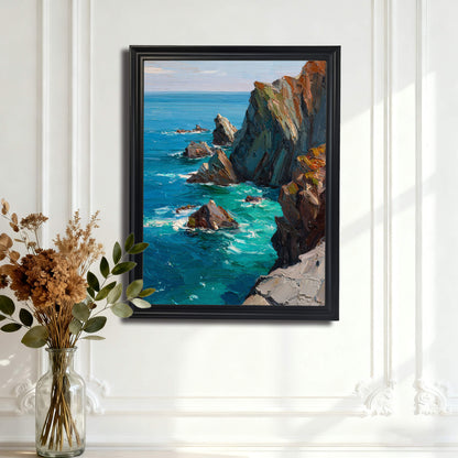 The framed seascape oil painting in a thick black wood frame, hanging on a white wainscoting wall above a table with a clear vase of dried flowers and greenery.