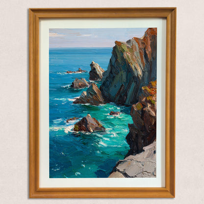 A textured oil painting of rugged coastal cliffs and sea stacks being hit by bright turquoise ocean waves, framed in a warm-toned wooden frame with a mat, hanging on a neutral wall.