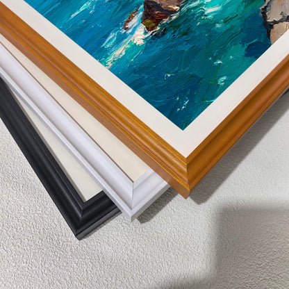 A corner close-up showing the textured seascape artwork and three stacked frame options: warm wood, white, and black, demonstrating the available wood frame styles with a white mat.