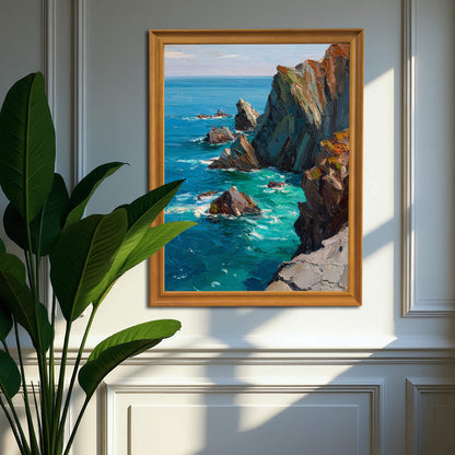 The oil painting of the rugged coastline, framed in warm wood, hanging on a light gray wainscoting wall, partially obscured by a large, potted houseplant in the foreground.