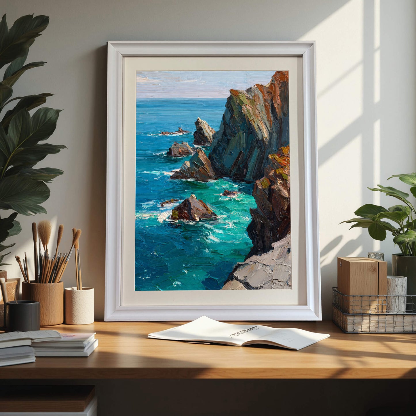 The impressionist seascape art print framed in white, leaning on a wooden desk with art supplies, a stack of books, and an open notebook, set in bright sunlight.