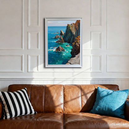 The framed seascape painting in white, hanging on a white paneled wall above a rich brown leather couch, flanked by a black-and-white striped and a bright blue throw pillow.