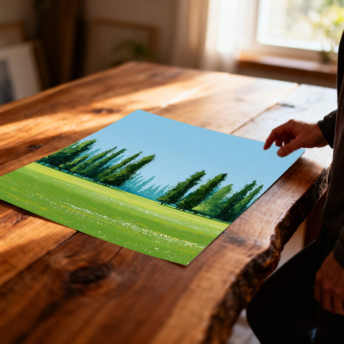 A close-up, angled view of an unframed art print lying on a rustic, live-edge wooden table. The print shows a lush green meadow with a line of dark green Cypress trees. A person's hand is visible on the right.