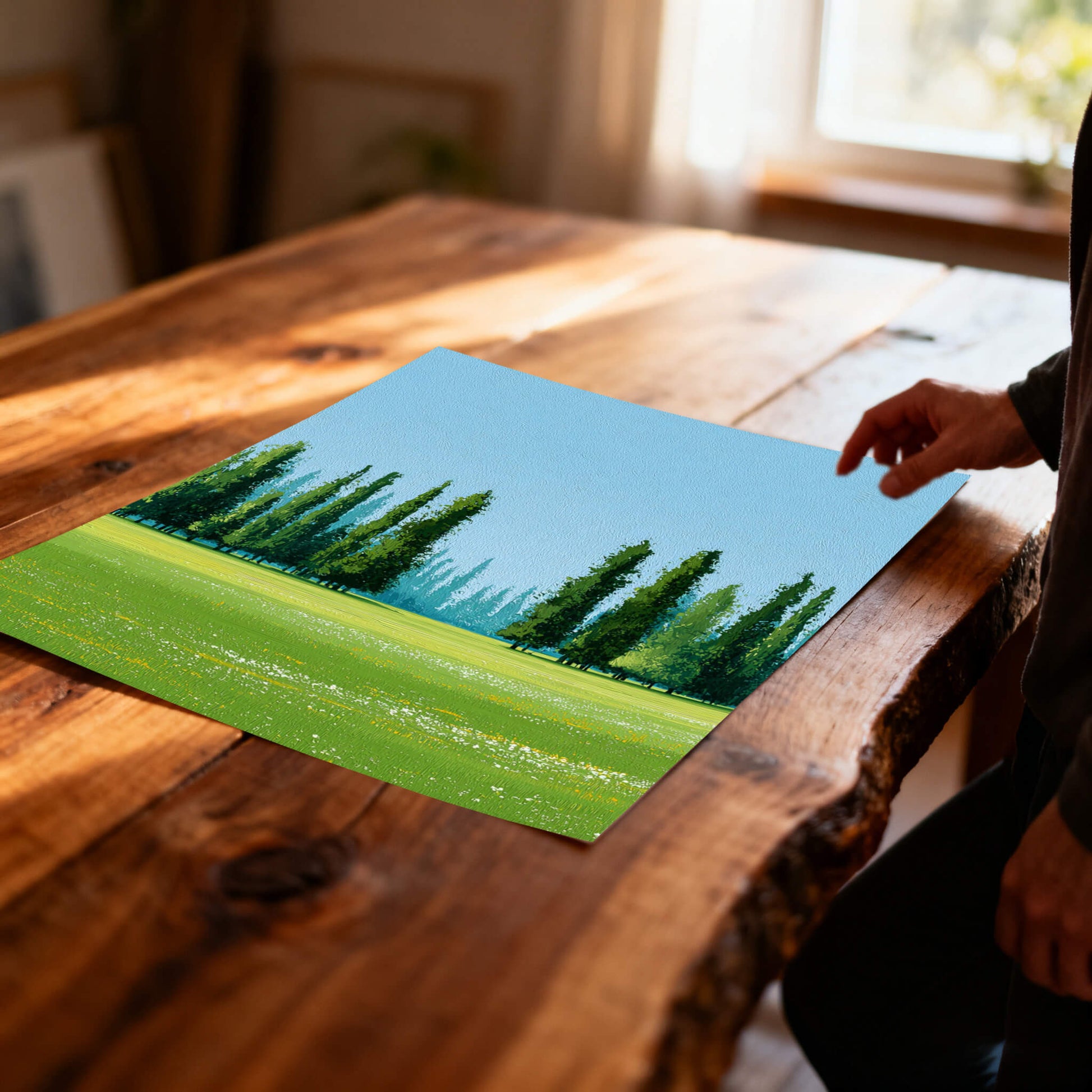 A close-up, angled view of an unframed art print lying on a rustic, live-edge wooden table. The print shows a lush green meadow with a line of dark green Cypress trees. A person's hand is visible on the right.