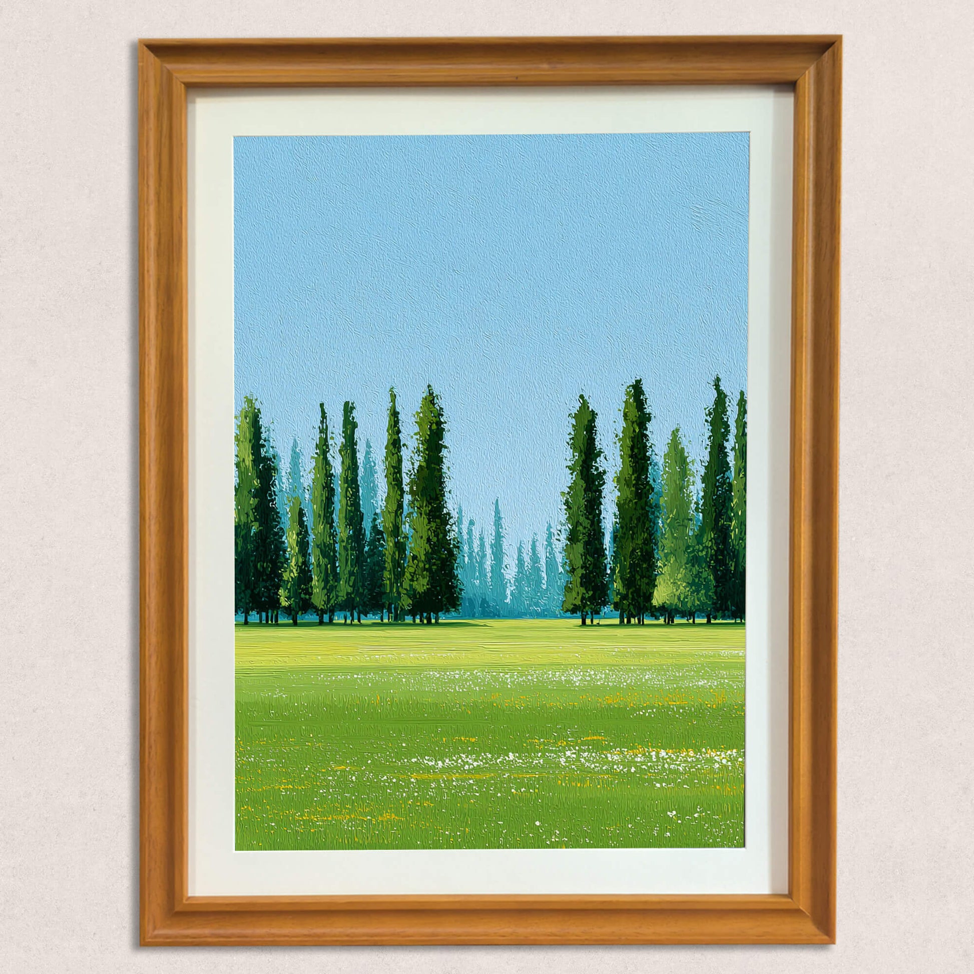 A straight-on view of a framed art print showing an oil painting texture of a lush green meadow with tall, dark green Cypress trees against a pale blue sky, displayed in a natural wood frame on a light-colored, textured wall.