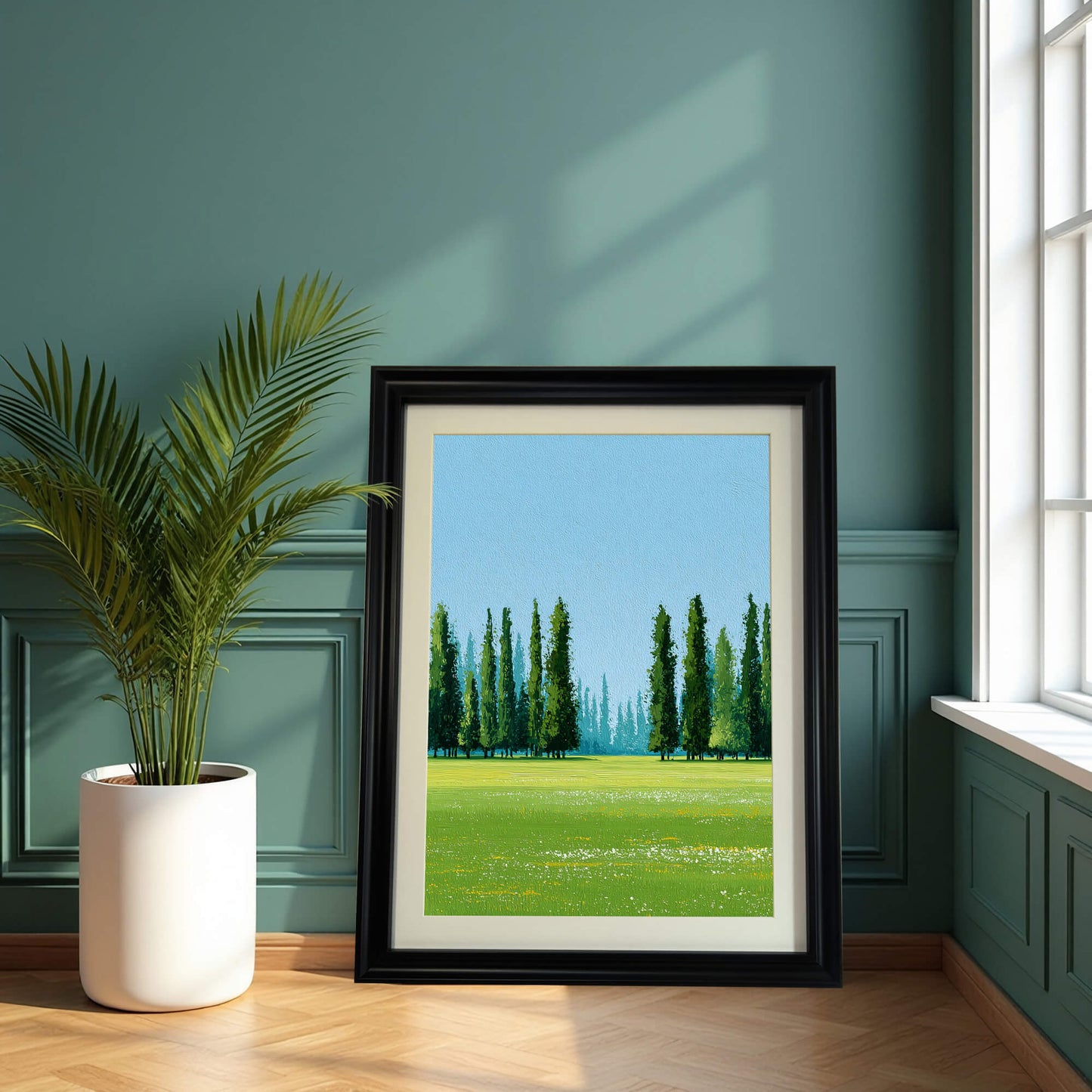 A framed art print of a green meadow and Cypress trees, resting on a wooden floor against a dark, paneled green wall, beside a tall potted palm plant. The frame is black.