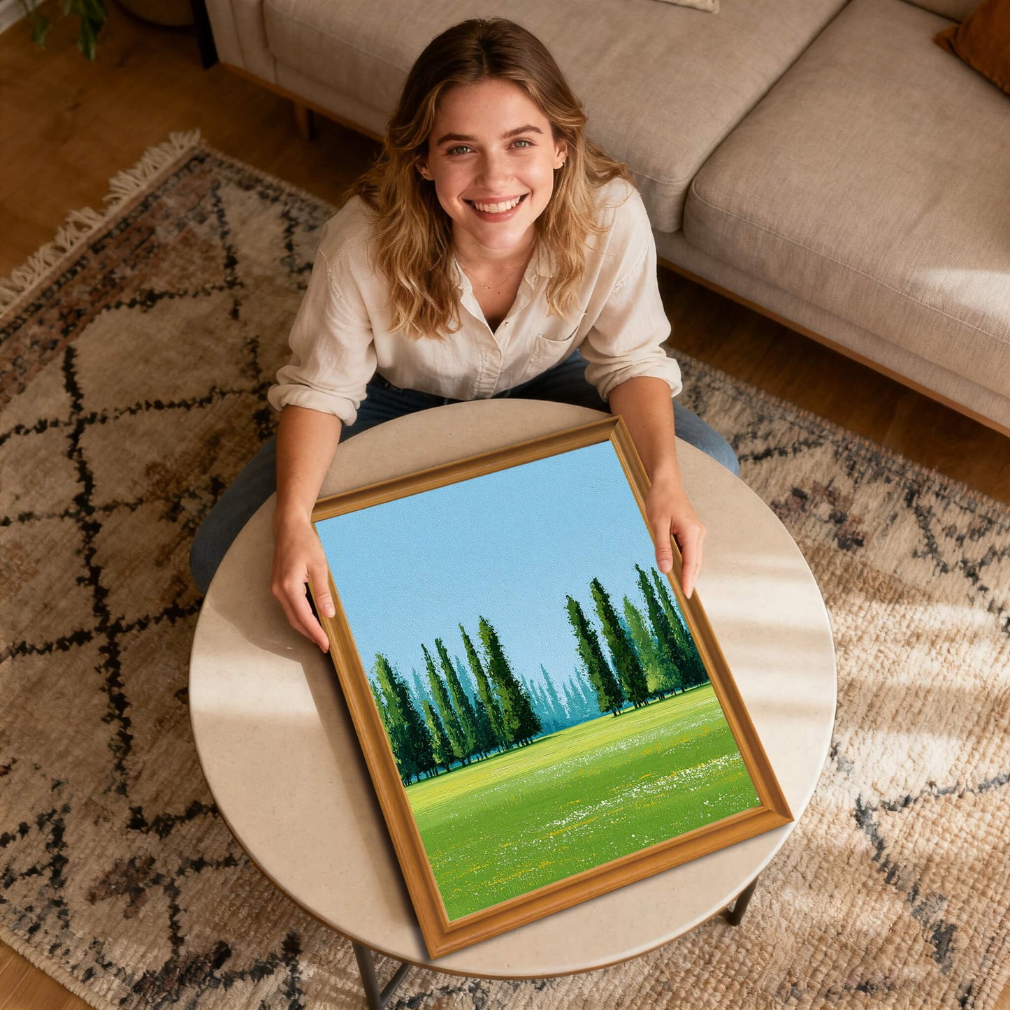 A smiling woman sits on a patterned rug, holding a framed art print of a bright green meadow and tall Cypress trees. The print is framed in natural wood and rests on a round coffee table.