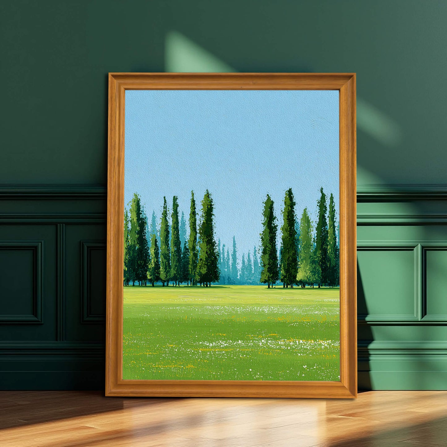 A framed art print of a bright green landscape with tall Cypress trees under a blue sky, resting on a wooden floor against a dark, paneled green wall. The frame is natural wood/light brown.