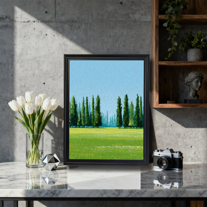 A framed art print of a bright green landscape with tall Cypress trees under a blue sky. The print is in a black frame, displayed on a marble-top table next to white tulips and a vintage camera in a modern, concrete-walled room.