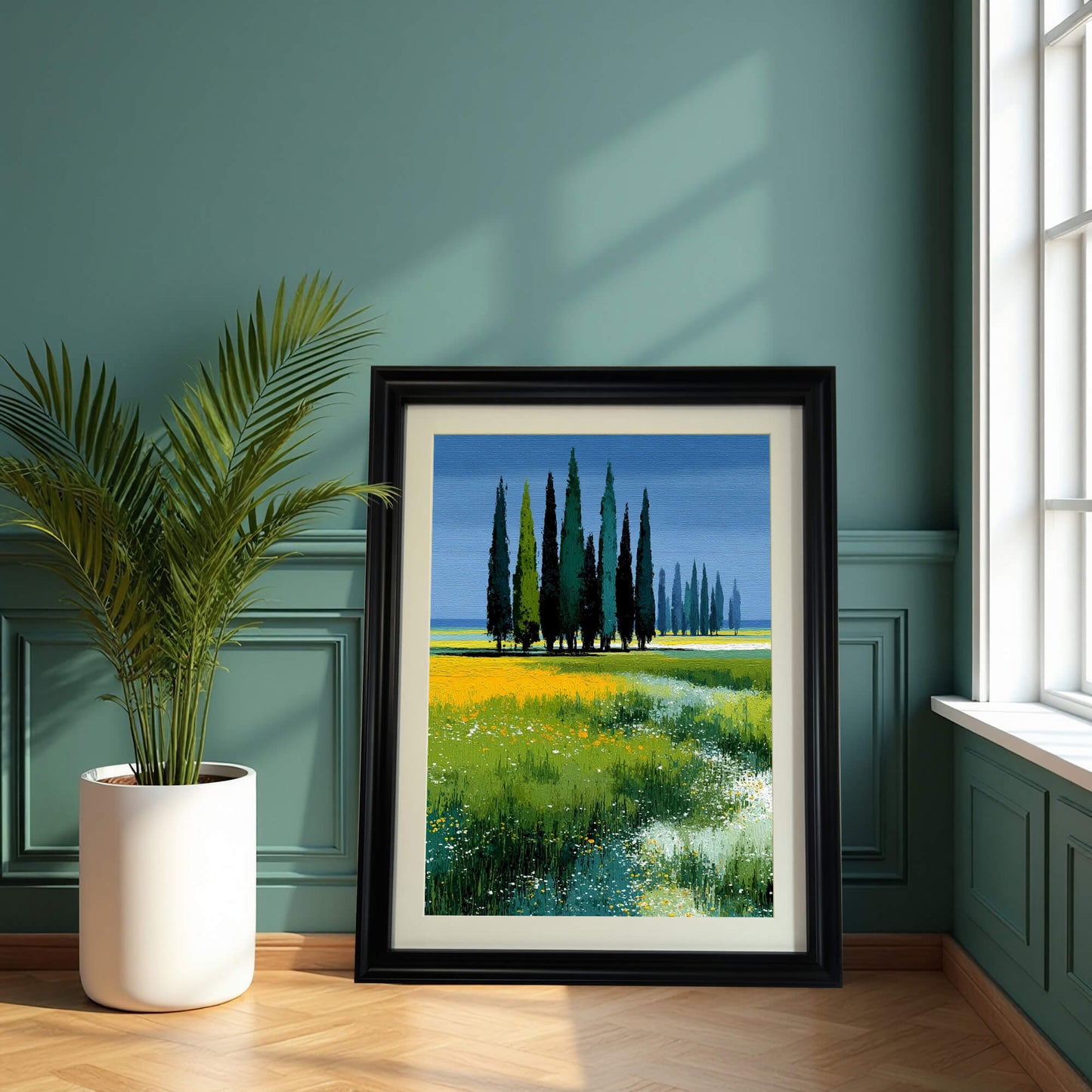 Art print of cypress trees in a field with a blue sky, framed in black, leaning on a wooden floor against a dark teal paneled wall next to a large potted palm.