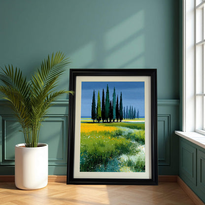 Art print of cypress trees in a field with a blue sky, framed in black, leaning on a wooden floor against a dark teal paneled wall next to a large potted palm.