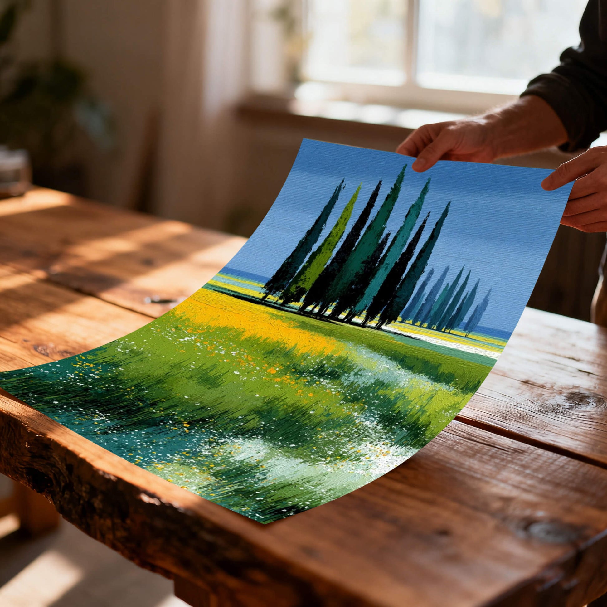 Hands holding the unframed art print, showing the textured illustration of the cypress trees and vibrant yellow and green field, on a rustic wooden table.