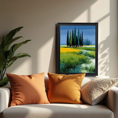 Art print of the cypress trees and field, framed in black, resting on a white sofa next to orange pillows and a houseplant.