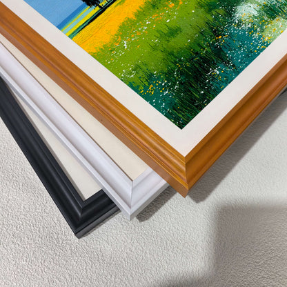 Stacked close-up view of the four different wood frame options: black, white, light wood (natural), and dark wood (brown/natural), with a corner of the vibrant green and yellow print visible.