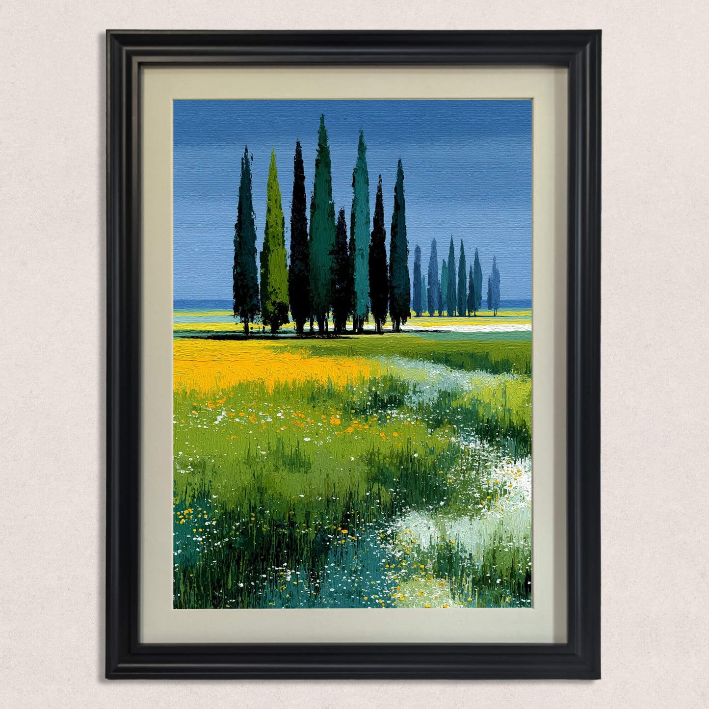 Close-up of the textured art print depicting a row of tall green cypress trees against a blue sky, standing in a field of yellow and green wildflowers, framed in black.