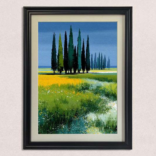 Close-up of the textured art print depicting a row of tall green cypress trees against a blue sky, standing in a field of yellow and green wildflowers, framed in black.