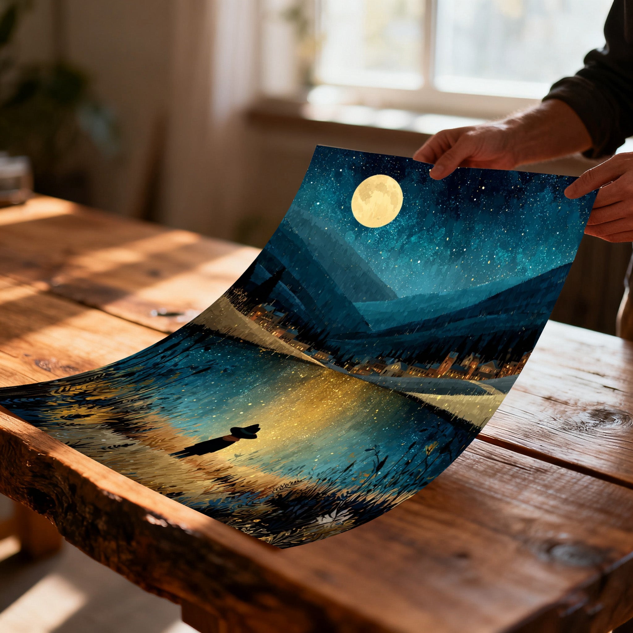 Close-up of hands holding an unframed, slightly curved art print of a moonlit lake and starry night scene over a rustic wooden table. The reflection of the moon and stars glows brightly on the water.