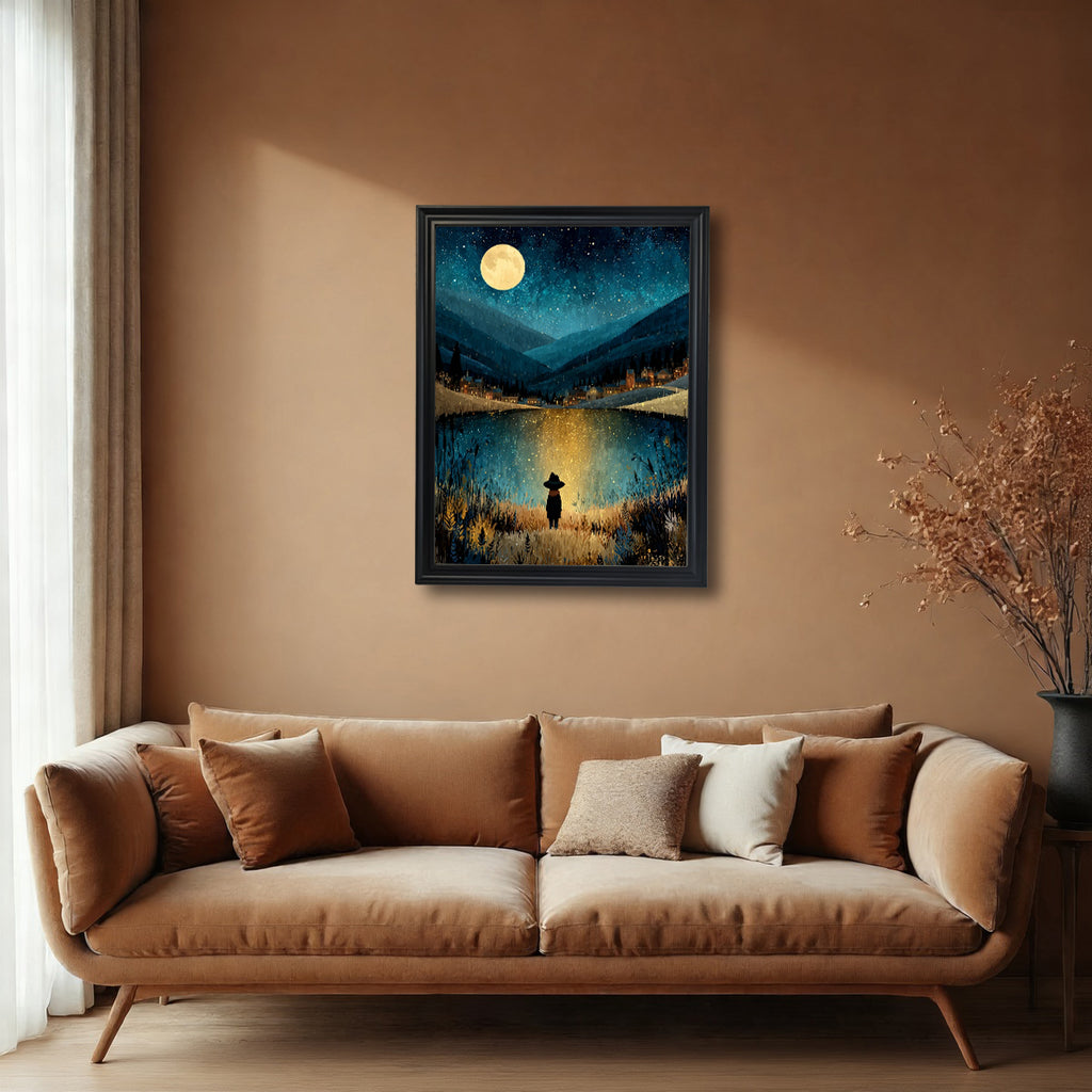 A black-framed art print hanging on a warm, earthy-toned wall above a large, comfortable brown velvet sofa. The artwork depicts a glowing lake scene at night with a full moon, stars, and mountains.