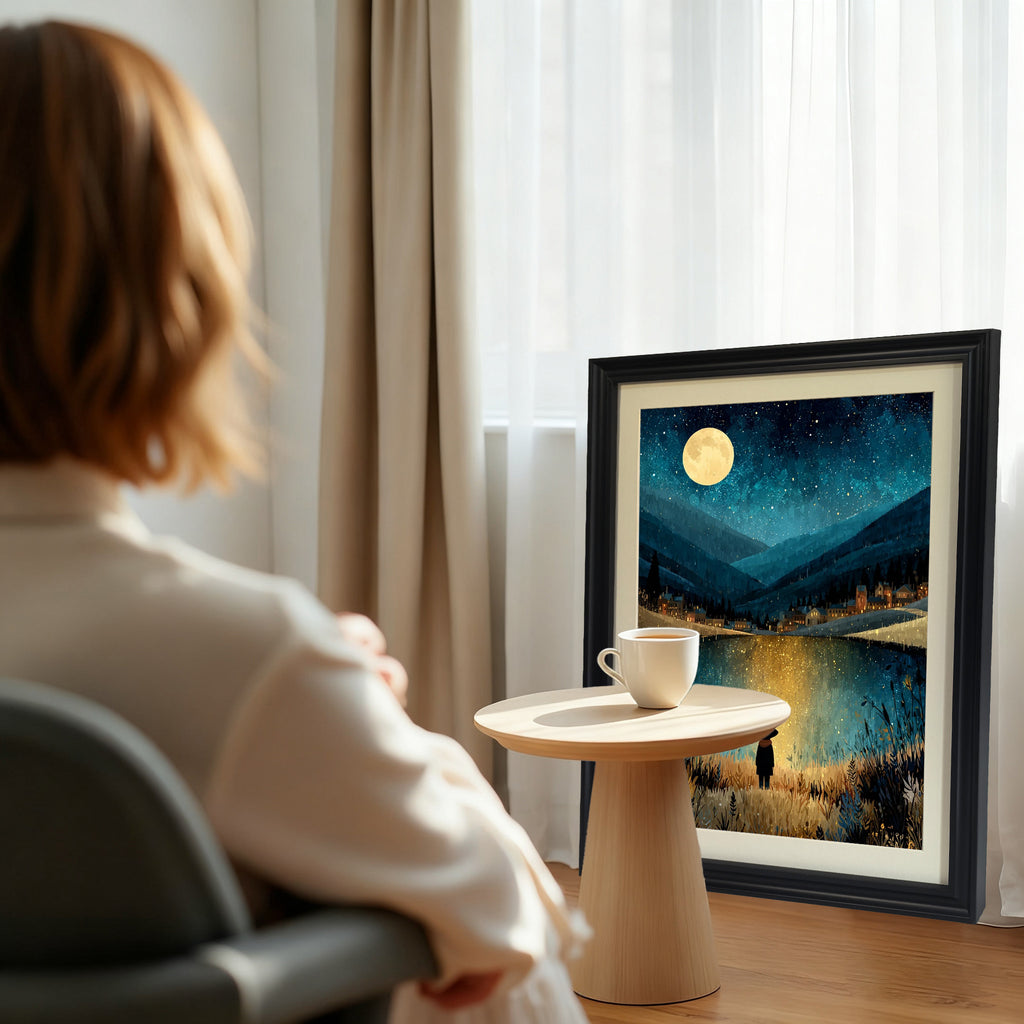 A black-framed art print leaning against a window in a bright room. The artwork shows a full moon over a lake reflecting a starry sky, with a small figure in the foreground. A cup of coffee sits on a small side table nearby.