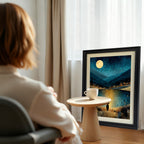 A black-framed art print leaning against a window in a bright room. The artwork shows a full moon over a lake reflecting a starry sky, with a small figure in the foreground. A cup of coffee sits on a small side table nearby.