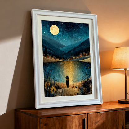 A white-framed art print leaning on a dark wood cabinet next to a glowing table lamp. The print shows a person facing a mystical, starry, moonlit lake scene with distant village lights.